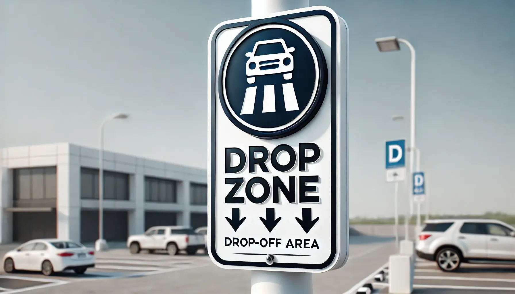 DALL·E 2025-01-13 19.28.06 - A modern and professional drop zone sign for a parking lot entrance. The sign is circular with a bold blue and white color scheme for high visibility