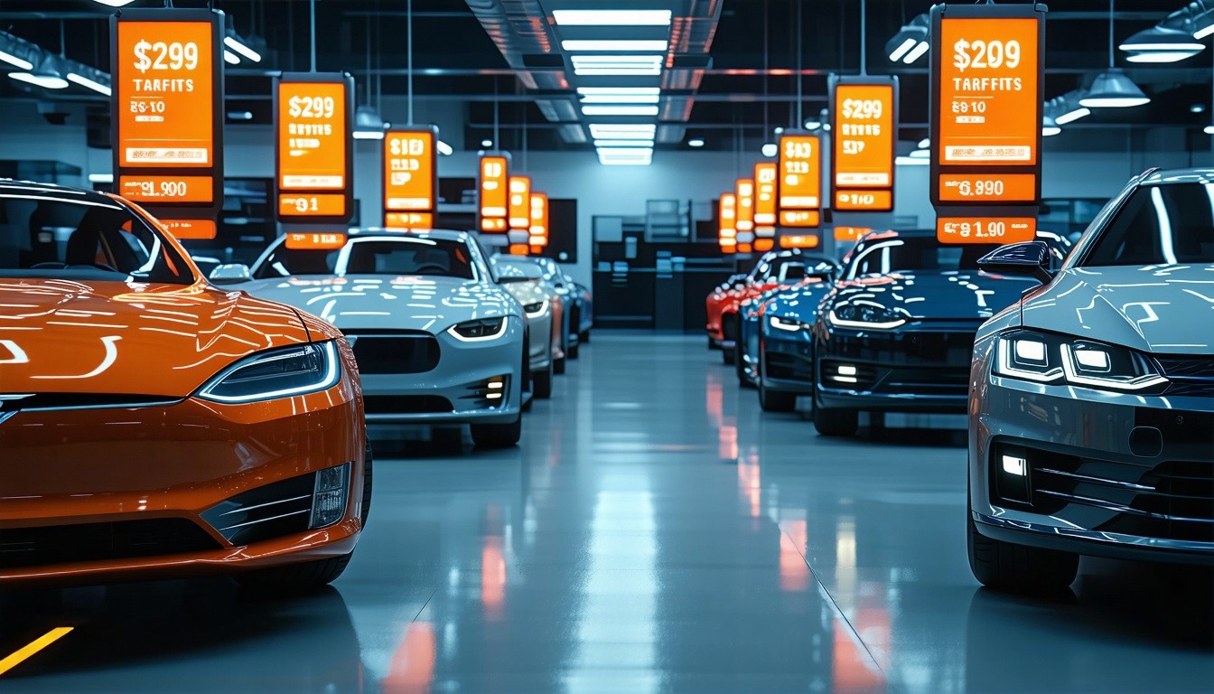 A futuristic view of a car dealership with price t